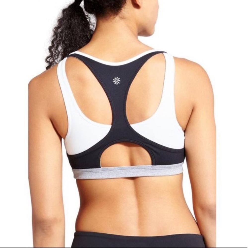 Athleta Triple Dare Racerback Navy Gray White Sports Bra W-120 Size Small